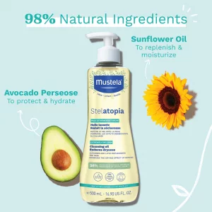 Mustela Stelatopia Eczema-Prone Skin Cleansing Oil - Baby Body Wash with Natural Avocado & Sunflower Oil - Fragrance-Free & Tear Free - 16.9 fl. oz.