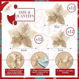 Willbond 36 Pieces Christmas Glitter Poinsettia Faux Flowers Christmas Flowers Decorations Wedding Xmas Tree New Year Ornaments (Gold)