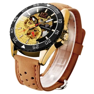 Ik Colouring Men'S Watch, Mechanical Two-Tone Face Skeleton Steampunk Design Automatic Self-Winding Arabic Numeral Wrist Watch