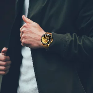 Ik Colouring Men'S Watch, Mechanical Two-Tone Face Skeleton Steampunk Design Automatic Self-Winding Arabic Numeral Wrist Watch