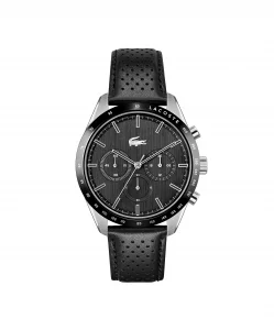 Lacoste Boston Men'S Chrono Stainless Steel And Leather Strap Casual Watch, Color: Black (Model: 2011109)