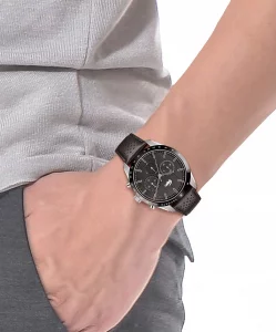 Lacoste Boston Men'S Chrono Stainless Steel And Leather Strap Casual Watch, Color: Black (Model: 2011109)