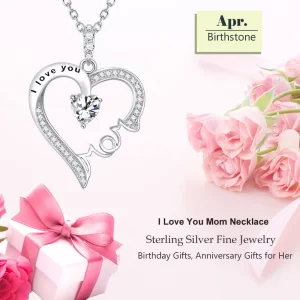 Elda & Co. Birthday Gifts For Mom I Love You Mom Necklace Sterling Silver Simulated Diamond Jewelry Love Heart Pendant Necklace For Mother