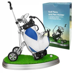 10L0L Golf pen holder with 3 Pieces Golf Club Pens Set Unique Golf Golf Desk Decor Gifts Souvenirs for Men - Blue + White