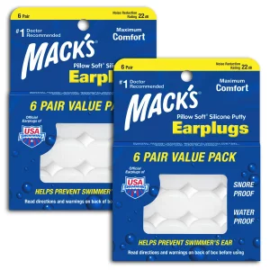 Mack'S Pillow Soft Silicone Earplugs - 6 Pair (Pack Of 2), Value Pack The Original Moldable Silicone Putty Ear Plugs For Sleeping, Snoring, Swimm