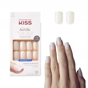 Kiss Salon Acrylic Wider Fit Natural Fake Nails, Rare , 28 Acrylic-Infused, Bubble-Free, Flexible, Durable, False Glue-On Nails