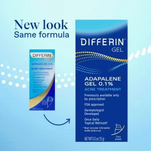 Differin Acne Treatment Gel, 30 Day Supply, Retinoid Treatment for Face with 0.1% Adapalene, Gentle Skin Care for Acne Prone Sensitive Skin, 15g Pump
