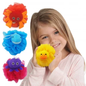 Bleu Bath (4 Pack) Lovely Animal Design Kids Exfoliating Bath Scrubber Body Scrubber Shower Ball for Baby Toddler Kids Gentle Exfoliating Bath Sponge