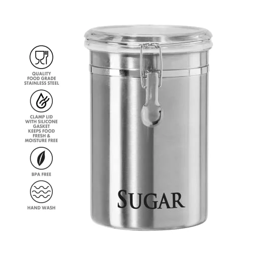 Oggi Stainless Steel Sugar Canister 62 fl oz - Airtight Clamp Lid Clear ...