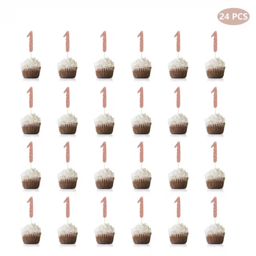 Rose Gold 1st Birthday Cupcake Topper, 24-Pack Number 1 Glitter Happy ...
