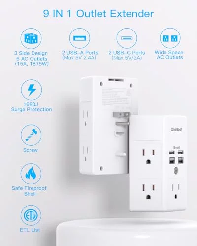 Power Bar Surge Protector – 5 Outlets & 4 USB Ports (2 USB-C), 1800J, 3-Sided Wall Plug For Home Office Dorm