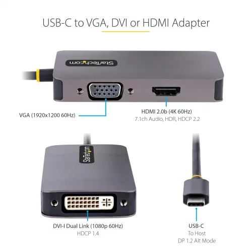 StarTech.com USB C Video Adapter, USB C to HDMI DVI VGA Adapter, Up to ...