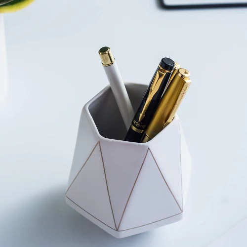 YOSCO Ceramic Desk Cute Pen Holder Stand Gold Line Pencil Cup Pot Desk ...
