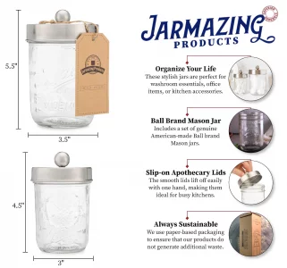 Jarmazing Products Apothecary Lid Storage Set with Ball Mason Jars - Farmhouse Home Decor for Vanity Organization - Luxury Bathroom, Kitchen and Offi