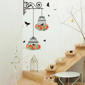 Poorminer Birdcages Flowers Flying Birds Wall Stickers, Vinyl Wall Decals for Kids Room Nursery Bedroom Living Room Bedroom Wall Decoration, Art Deca