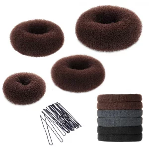 YaFex Hair Bun Maker Kit, Donut Bun Maker 4 Pieces (1 Large, 2 Medium and 1 Small), 6 Pieces Elastic Hair Ties, 20 Pieces Hair Bobby Pins, Brown