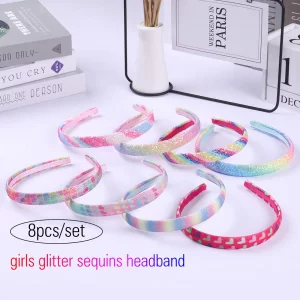 WANYU Rainbow Headbands 8 Pcs Sweet Hairband Children Head Bands For Girls Sequin Printed Heart Mermaid Headband Kids Hair Piece