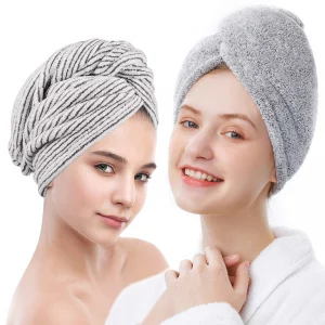 ELLEWIN Bamboo Hair Towel Wrap 2 Pack, Microfiber Hair Drying Shower Turban with Buttons,Super Absorbent Quick Dry Hair Towels for Curly Long Thick H