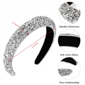 Wecoe Rhinestone Headband Diamond Headband Women Girls Bling Headbands Thick Padded Headband Glitter Sparkle Headbands Silver Headband Fashion Headba