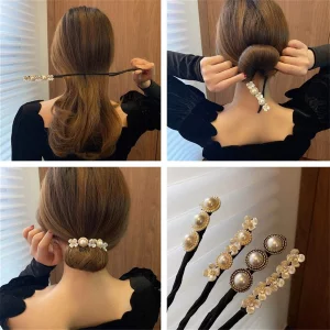 4 PCS Lazy Flower Hairpin,Vintage Pearl Flower Hairpin,Elegant Meatball Head Hair Device Lazy Half Ball Hairpin, Anti-slip Hairpins for Ladies and Gi