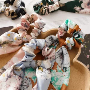 Paisley Silk Hair Scarf Scrunchies, Ribbon Bow Scrunchie with tail, Flower Printed Hair Ribbon Ties, Floral Hair Scrunchies with Ribbon (Flower Patte