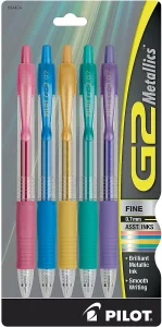 Pilot, G2 Metallics Gel Roller Pens, Fine Point 0.7 mm, Assorted Colors, Pack of 5