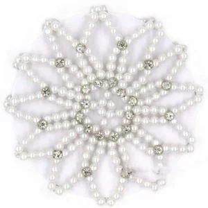 Elastic Hair Bun Cover Handmade Crochet Pearl Rhinestone Hair Snood Hair Net Hair Accessories For Women And Girls, Ballet Dance Skating (White)