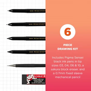 Sakura Pigma Sensei Manga Drawing Kit - Archival Black Ink Pens With Pencil & Eraser - Pens For Drawing Manga, Cartoon, & More - Assorted Nib Sizes -
