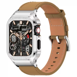 Suplink Metal Case With Leather Band Compatible With Apple Watch Series 9/8/7 Fit 45Mm,Rugged Protector Cover Bumper Iwatch Bands Men(Brown/Silver,45