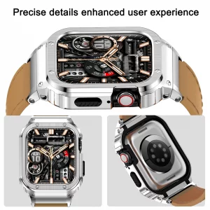Suplink Metal Case With Leather Band Compatible With Apple Watch Series 9/8/7 Fit 45Mm,Rugged Protector Cover Bumper Iwatch Bands Men(Brown/Silver,45