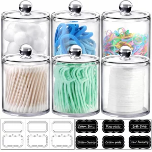 6 Pack Of 12 Oz. Qtip Dispenser Apothecary Jars Bathroom With Labels - Holder Storage Canister Clear Plastic Acrylic Jar For Cotton Ball,Cotton Swab,