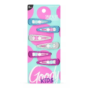 Goody Kids Contour Snap Clips - 6 Count, Assorted Glitter Colors - Just Snap Into Place - Suitable For All Hair Types - Pain-Free Hair Accessories Fo
