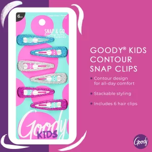 Goody Kids Contour Snap Clips - 6 Count, Assorted Glitter Colors - Just Snap Into Place - Suitable For All Hair Types - Pain-Free Hair Accessories Fo