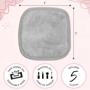S&T Inc. Reusable Makeup Remover Wipes, Microfiber Face Cloths For Washing Makeup And Oil From Skin, Travel Essentials, Grey, 5 Inch X 5 Inch, 5 Pack