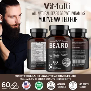Vimulti Love Your Beard Supplements For Faster Hair Growth Promotes A Thicker, Fuller, Masculine Beard Quickly For All Hair Types W/29 Hair & Bea