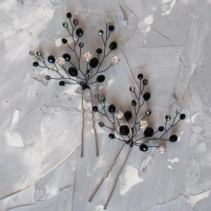 Kercisbeauty Handmade Wedding Hair Pins With Black Crystal Beads Rhinestones For Brides Bridal Hair Piece Prom Women Hair Accessories 2Pcs