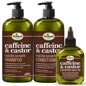 Difeel 3-Pc Caffeine & Castor Shampoo, Conditioner & Hair Oil For Faster Hair Growth - With 33.8Oz Shampoo, 33.8Oz Conditioner & 7.78Oz Hair Oil