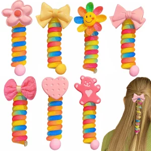 Yonoy Colorful Telephone Wire Hair Bands For Kids, 7 Pcs Bowknot Braided Spiral Hair Ties, Ponytail Cord Hair Ties For Girls, No Damage Hair Elastics