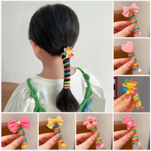 Yonoy Colorful Telephone Wire Hair Bands For Kids, 7 Pcs Bowknot Braided Spiral Hair Ties, Ponytail Cord Hair Ties For Girls, No Damage Hair Elastics