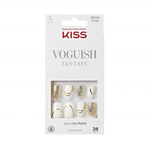 Kiss Voguish Fantasy Press On Nails, Nail Glue Included, Glam And Glow', White, Short Size, Squoval Shape, Includes 28 Nails, 2G Glue, 1 Manicure Sti
