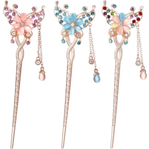 Oiiki Butterfly Flowers Hair Sticks Pins For Buns 3Pcs, Chinese Flower Hair Chopsticks Hairpins For Women Girls Long Thick Hair, Vintage Rhinestone H