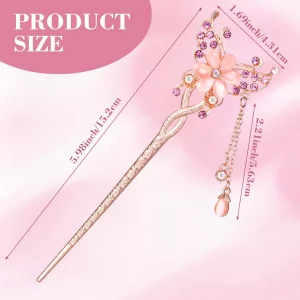 Oiiki Butterfly Flowers Hair Sticks Pins For Buns 3Pcs, Chinese Flower Hair Chopsticks Hairpins For Women Girls Long Thick Hair, Vintage Rhinestone H
