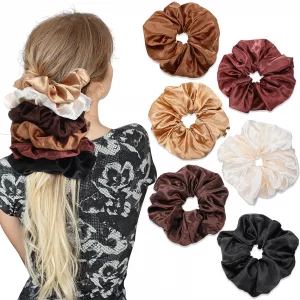 6 Pieces Big Silk Scrunchies For Hair,Large Velvet Satin Scrunchies Jumbo Elastic Ponytail Holders For Women And Girls (White, Red Brown, Black, Ligh