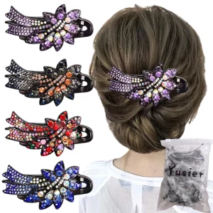 Yusier 4 Pack Gorgeous Crystal Hair Accessories Hair Bun Hair Clips For Women Duckbill Clips For Long Hair Ponytail Rhinestone Flower Styling Hair Cl