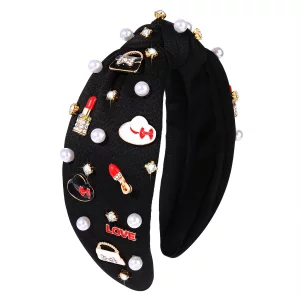Knotted Headbands For Women Girls Funny Makeup Lipstick High Heels Handbag Hat Charm Pearl Crystal Jeweled Embellished Top Knot Hairband Statement Wi