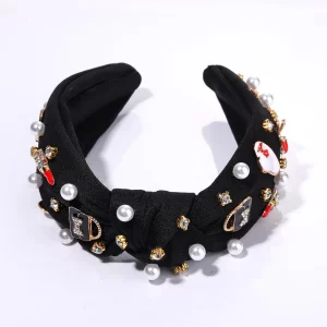 Knotted Headbands For Women Girls Funny Makeup Lipstick High Heels Handbag Hat Charm Pearl Crystal Jeweled Embellished Top Knot Hairband Statement Wi