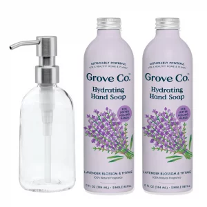 Grove Co. Hydrating Gel Hand Soap Refills (2 X 13 Fl Oz) + 1 X Reuseable Glass Soap Dispenser, Plastic-Free & Liquid Refillable Starter Kit, Natural