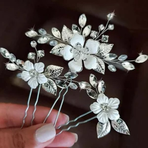 Ybshin Bride Flower Wedding Hair Pins Silver Crystal Hair Piece Leaf Bridal Wedding Hair Accessories For Women And Girls (Pack Of 3) (A-Silver)