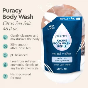 Puracy Natural Shower Gel Refill Citrus And Sea Salt 4Oz Plant Powered Body Wash For Smoother, Clearer Skin (Citrus, Sea Salt, 4 Oz, 1 Pack)
