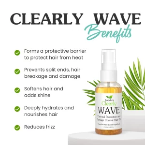 Clearly Wave, Damage Control Hair Oil With Jojoba + Olive | Thermal Heat Protector For Sun, Flat Iron, Hot Blow Dry, Blowout | Prevent Damage And Bre